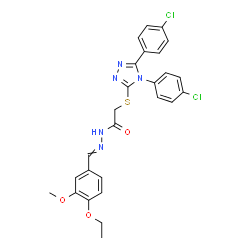ChemSpider 2D Image | 2-{[4,5-Bis(4-chlorophenyl)-4H-1,2,4-triazol-3-yl]sulfanyl}-N'-(4-ethoxy-3-methoxybenzylidene)acetohydrazide | C26H23Cl2N5O3S