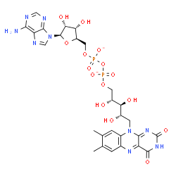 ChemSpider 2D Image | [(2R,3S,4R,5R)-5-(6-aminopurin-9-yl)-3,4-dihydroxy-tetrahydrofuran-2-yl]methyl [[(2R,3S,4S)-5-(7,8-dimethyl-2,4-dioxo-benzo[g]pteridin-10-yl)-2,3,4-trihydroxy-pentoxy]-oxido-phosphoryl] phosphate | C27H31N9O15P2