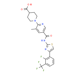 ChemSpider 2D Image | 1-[5-({4-[2-Fluoro-3-(trifluoromethyl)phenyl]-1,3-thiazol-2-yl}carbamoyl)-3-methyl-2-pyridinyl]-4-piperidinecarboxylic acid | C23H20F4N4O3S