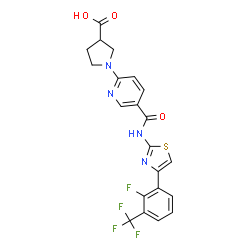 ChemSpider 2D Image | 1-[5-({4-[2-Fluoro-3-(trifluoromethyl)phenyl]-1,3-thiazol-2-yl}carbamoyl)-2-pyridinyl]-3-pyrrolidinecarboxylic acid | C21H16F4N4O3S