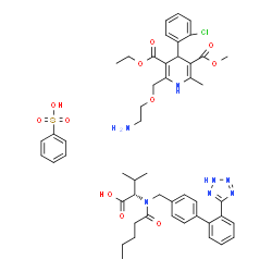 ChemSpider 2D Image | benzenesulfonic acid; O3-ethyl O5-methyl 2-(2-aminoethoxymethyl)-4-(2-chlorophenyl)-6-methyl-1,4-dihydropyridine-3,5-dicarboxylate; (2S)-3-methyl-2-[pentanoyl-[[4-[2-(2H-tetrazol-5-yl)phenyl]phenyl]methyl]amino]butanoic acid | C50H60ClN7O11S