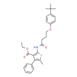 ChemSpider 2D Image | Ethyl 2-{[4-(4-tert-butylphenoxy)butanoyl]amino}-5-methyl-4-phenylthiophene-3-carboxylate | C28H33NO4S