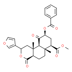 ChemSpider 2D Image | Methyl (4aR,6aR,7R,9S,10aS,10bR)-9-(benzoyloxy)-2-(3-furyl)-6a,10b-dimethyl-4,10-dioxododecahydro-2H-benzo[f]isochromene-7-carboxylate | C28H30O8