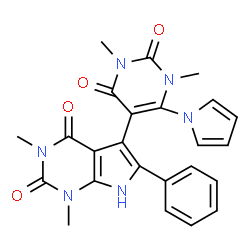 ChemSpider 2D Image | 5-[1,3-Dimethyl-2,4-dioxo-6-(1H-pyrrol-1-yl)-1,2,3,4-tetrahydro-5-pyrimidinyl]-1,3-dimethyl-6-phenyl-1H-pyrrolo[2,3-d]pyrimidine-2,4(3H,7H)-dione | C24H22N6O4