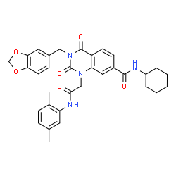 ChemSpider 2D Image | 3-(1,3-Benzodioxol-5-ylmethyl)-N-cyclohexyl-1-{2-[(2,5-dimethylphenyl)amino]-2-oxoethyl}-2,4-dioxo-1,2,3,4-tetrahydro-7-quinazolinecarboxamide | C33H34N4O6
