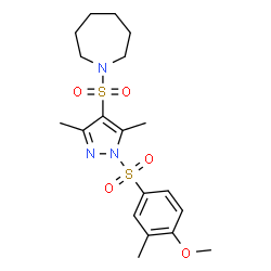ChemSpider 2D Image | 1-({1-[(4-Methoxy-3-methylphenyl)sulfonyl]-3,5-dimethyl-1H-pyrazol-4-yl}sulfonyl)azepane | C19H27N3O5S2