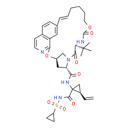 ChemSpider 2D Image | (3R,5S,8S)-N-{(2S)-1-[(Cyclopropylsulfonyl)carbamoyl]-2-vinylcyclopropyl}-8-(2-methyl-2-propanyl)-7,10-dioxo-2,11-dioxa-6,9,24-triazatetracyclo[16.6.2.1~3,6~.0~21,25~]heptacosa-1(24),16,18(26),19,21(2
5),22-hexaene-5-carboxamide | C36H45N5O8S