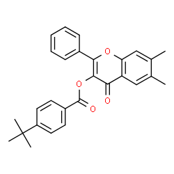 ChemSpider 2D Image | 6,7-Dimethyl-4-oxo-2-phenyl-4H-chromen-3-yl 4-(2-methyl-2-propanyl)benzoate | C28H26O4