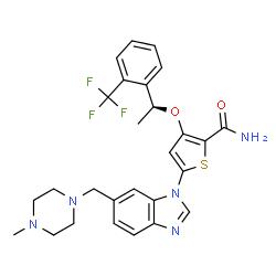 ChemSpider 2D Image | 5-[6-[(4-Methyl-1-piperazinyl)methyl]-1H-benzimidazol-1-yl]-3-[(1S)-1-[2-(trifluoromethyl)phenyl]ethoxy]-2-thiophenecarboxamide | C27H28F3N5O2S