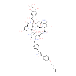 ChemSpider 2D Image | 5-[(1S,2S)-2-{(2R,6S,9S,11S,12S,14aS,15S,16S,20S,23S,25aS)-20-[(1R)-3-Amino-1-hydroxy-3-oxopropyl]-2,11,12,15-tetrahydroxy-6-[(1S)-1-hydroxyethyl]-16-methyl-5,8,14,19,22,25-hexaoxo-9-[(4-{5-[4-(pentyl
oxy)phenyl]-1,2-oxazol-3-yl}benzoyl)amino]tetracosahydro-1H-dipyrrolo[2,1-c:2',1'-l][1,4,7,10,13,16]hexaazacyclohenicosin-23-yl}-1,2-dihydroxyethyl]-2-hydroxyphenyl hydrogen sulfate | C56H71N9O23S