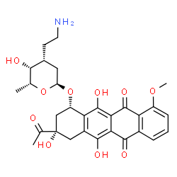 ChemSpider 2D Image | (1S,3S)-3-Acetyl-3,5,12-trihydroxy-10-methoxy-6,11-dioxo-1,2,3,4,6,11-hexahydro-1-tetracenyl (5R)-3-(2-aminoethyl)-2,3-dideoxy-5-methyl-beta-L-erythro-pentopyranoside | C29H33NO10