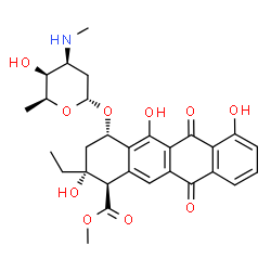 ChemSpider 2D Image | Methyl (1R,2R,4S)-2-ethyl-2,5,7-trihydroxy-6,11-dioxo-4-{[2,3,6-trideoxy-3-(methylamino)-alpha-L-lyxo-hexopyranosyl]oxy}-1,2,3,4,6,11-hexahydro-1-tetracenecarboxylate | C29H33NO10