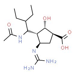 ChemSpider 2D Image | (1S,2S,3S,4R)-3-[(1S)-1-Acetamido-2-ethylbutyl]-4-carbamimidamido-2-hydroxycyclopentanecarboxylic acid | C15H28N4O4