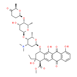 ChemSpider 2D Image | Methyl (1R,2R,4S)-2-ethyl-2,5,7-trihydroxy-6,11-dioxo-4-{[2,3,6-trideoxy-4-O-{2,6-dideoxy-4-O-[(2R,6R)-6-methyl-5-oxotetrahydro-2H-pyran-2-yl]-alpha-L-lyxo-hexopyranosyl}-3-(dimethylamino)-alpha-L-lyx
o-hexopyranosyl]oxy}-1,2,3,4,6,11-hexahydro-1-tetracenecarboxylate | C42H53NO15