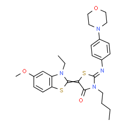 ChemSpider 2D Image | (2Z)-3-Butyl-5-(3-ethyl-5-methoxy-1,3-benzothiazol-2(3H)-ylidene)-2-{[4-(4-morpholinyl)phenyl]imino}-1,3-thiazolidin-4-one | C27H32N4O3S2