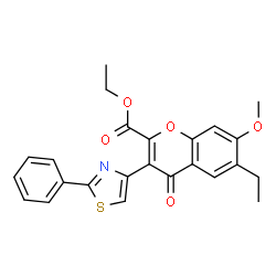 ChemSpider 2D Image | Ethyl 6-ethyl-7-methoxy-4-oxo-3-(2-phenyl-1,3-thiazol-4-yl)-4H-chromene-2-carboxylate | C24H21NO5S