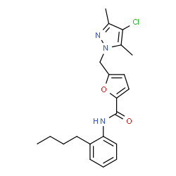 ChemSpider 2D Image | N-(2-Butylphenyl)-5-[(4-chloro-3,5-dimethyl-1H-pyrazol-1-yl)methyl]-2-furamide | C21H24ClN3O2