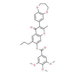 ChemSpider 2D Image | 3-(3,4-Dihydro-2H-1,5-benzodioxepin-7-yl)-2-methyl-4-oxo-6-propyl-4H-chromen-7-yl 3,4,5-trimethoxybenzoate | C32H32O9