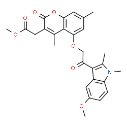 ChemSpider 2D Image | Methyl {5-[2-(5-methoxy-1,2-dimethyl-1H-indol-3-yl)-2-oxoethoxy]-4,7-dimethyl-2-oxo-2H-chromen-3-yl}acetate | C27H27NO7