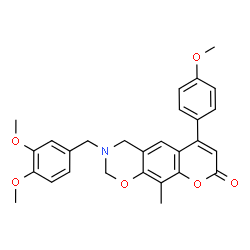 ChemSpider 2D Image | 3-(3,4-Dimethoxybenzyl)-6-(4-methoxyphenyl)-10-methyl-3,4-dihydro-2H,8H-chromeno[6,7-e][1,3]oxazin-8-one | C28H27NO6
