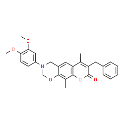ChemSpider 2D Image | 7-Benzyl-3-(3,4-dimethoxyphenyl)-6,10-dimethyl-3,4-dihydro-2H,8H-chromeno[6,7-e][1,3]oxazin-8-one | C28H27NO5