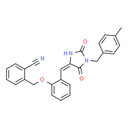 ChemSpider 2D Image | 2-[(2-{(E)-[1-(4-Methylbenzyl)-2,5-dioxo-4-imidazolidinylidene]methyl}phenoxy)methyl]benzonitrile | C26H21N3O3