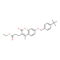 ChemSpider 2D Image | Ethyl 3-(4-methyl-7-{[4-(2-methyl-2-propanyl)benzyl]oxy}-2-oxo-2H-chromen-3-yl)propanoate | C26H30O5