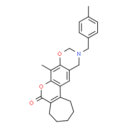 ChemSpider 2D Image | 8-Methyl-11-(4-methylbenzyl)-2,3,4,5,11,12-hexahydro-10H-cyclohepta[3,4]chromeno[6,7-e][1,3]oxazin-6(1H)-one | C25H27NO3