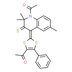 ChemSpider 2D Image | 1-[(4Z)-4-(4-Acetyl-5-phenyl-1,3-dithiol-2-ylidene)-2,2,6-trimethyl-3-thioxo-3,4-dihydro-1(2H)-quinolinyl]ethanone | C25H23NO2S3