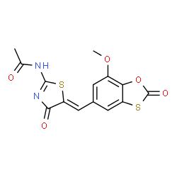 ChemSpider 2D Image | acetamide, N-[(2E,5Z)-5-[(7-methoxy-2-oxo-1,3-benzoxathiol-5-yl)methylene]-4-oxo-2-thiazolidinylidene]- | C14H10N2O5S2