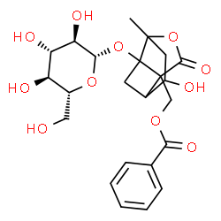 ChemSpider 2D Image | [1-(beta-D-Glucopyranosyloxy)-4-hydroxy-6-methyl-8-oxo-7-oxatricyclo[4.3.0.0~3,9~]non-9-yl]methyl benzoate | C23H28O11