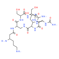 ChemSpider 2D Image | 3,6-Diamino-N-[3-(2-amino-6-hydroxy-3,4,5,6-tetrahydro-4-pyrimidinyl)-6-[(carbamoylamino)methylene]-9,12-bis(hydroxymethyl)-2,5,8,11,14-pentaoxo-1,4,7,10,13-pentaazacyclohexadecan-15-yl]hexanamide | C25H43N13O10