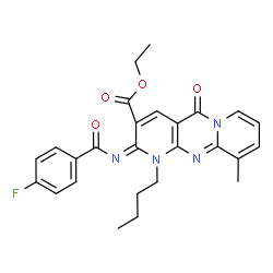 ChemSpider 2D Image | Ethyl (2E)-1-butyl-2-[(4-fluorobenzoyl)imino]-10-methyl-5-oxo-1,5-dihydro-2H-dipyrido[1,2-a:2',3'-d]pyrimidine-3-carboxylate | C26H25FN4O4