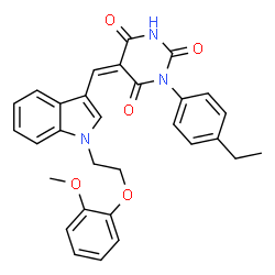 ChemSpider 2D Image | (5Z)-1-(4-Ethylphenyl)-5-({1-[2-(2-methoxyphenoxy)ethyl]-1H-indol-3-yl}methylene)-2,4,6(1H,3H,5H)-pyrimidinetrione | C30H27N3O5