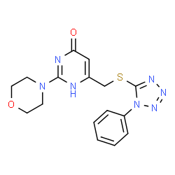 ChemSpider 2D Image | 4-pyrimidinol, 2-(4-morpholinyl)-6-[[(1-phenyl-1H-tetrazol-5-yl)thio]methyl]- | C16H17N7O2S