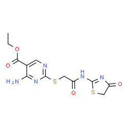 ChemSpider 2D Image | Ethyl 4-amino-2-({2-oxo-2-[(4-oxo-4,5-dihydro-1,3-thiazol-2-yl)amino]ethyl}sulfanyl)-5-pyrimidinecarboxylate | C12H13N5O4S2