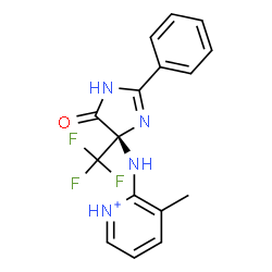 ChemSpider 2D Image | 3-Methyl-2-{[(4S)-5-oxo-2-phenyl-4-(trifluoromethyl)-4,5-dihydro-1H-imidazol-4-yl]amino}pyridinium | C16H14F3N4O