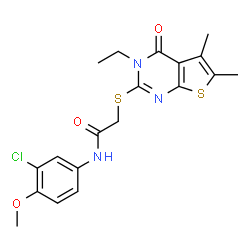ChemSpider 2D Image | N-(3-Chloro-4-methoxyphenyl)-2-[(3-ethyl-5,6-dimethyl-4-oxo-3,4-dihydrothieno[2,3-d]pyrimidin-2-yl)sulfanyl]acetamide | C19H20ClN3O3S2