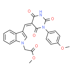 ChemSpider 2D Image | Methyl (3-{(Z)-[1-(4-methoxyphenyl)-2,4,6-trioxotetrahydro-5(2H)-pyrimidinylidene]methyl}-1H-indol-1-yl)acetate | C23H19N3O6