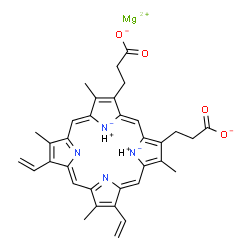 ChemSpider 2D Image | Magnesium hydrogen 3,3'-(3,7,12,17-tetramethyl-8,13-divinylporphine-21,24-diide-2,18-diyl)dipropanoate (1:2:1) | C34H32MgN4O4