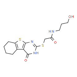 ChemSpider 2D Image | N-(3-Hydroxypropyl)-2-[(4-oxo-3,4,5,6,7,8-hexahydro[1]benzothieno[2,3-d]pyrimidin-2-yl)sulfanyl]acetamide | C15H19N3O3S2