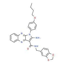 ChemSpider 2D Image | 2-Amino-N-(1,3-benzodioxol-5-ylmethyl)-1-(4-butoxyphenyl)-1H-pyrrolo[2,3-b]quinoxaline-3-carboxamide | C29H27N5O4