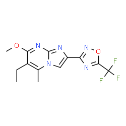 ChemSpider 2D Image | 6-Ethyl-7-methoxy-5-methyl-2-[5-(trifluoromethyl)-1,2,4-oxadiazol-3-yl]imidazo[1,2-a]pyrimidine | C13H12F3N5O2
