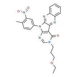 ChemSpider 2D Image | 3-(3-Ethoxypropyl)-11-(4-methyl-3-nitrophenyl)-3,11-dihydro-4H-pyrimido[5',4':4,5]pyrrolo[2,3-b]quinoxalin-4-one | C24H22N6O4