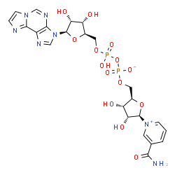 ChemSpider 2D Image | [(2R,3S,4R,5R)-5-(3-carbamoylpyridin-1-ium-1-yl)-3,4-dihydroxy-tetrahydrofuran-2-yl]methyl [[(2R,3S,4R,5R)-3,4-dihydroxy-5-imidazo[2,1-f]purin-3-yl-tetrahydrofuran-2-yl]methoxy-hydroxy-phosphoryl] phosphate | C23H27N7O14P2