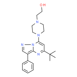 ChemSpider 2D Image | 2-{4-[5-(2-Methyl-2-propanyl)-3-phenylpyrazolo[1,5-a]pyrimidin-7-yl]-1-piperazinyl}ethanol | C22H29N5O