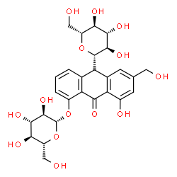 ChemSpider 2D Image | 9(10H)-Anthracenone, 10-beta-D-glucopyranosyl-8-(beta-D-glucopyranosyloxy)-1-hydroxy-3-(hydroxymethyl)- | C27H32O14