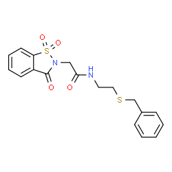ChemSpider 2D Image | N-[2-(Benzylsulfanyl)ethyl]-2-(1,1-dioxido-3-oxo-1,2-benzothiazol-2(3H)-yl)acetamide | C18H18N2O4S2