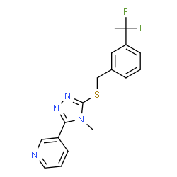 ChemSpider 2D Image | 3-(4-Methyl-5-{[3-(trifluoromethyl)benzyl]sulfanyl}-4H-1,2,4-triazol-3-yl)pyridine | C16H13F3N4S