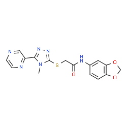 ChemSpider 2D Image | N-(1,3-Benzodioxol-5-yl)-2-{[4-methyl-5-(2-pyrazinyl)-4H-1,2,4-triazol-3-yl]sulfanyl}acetamide | C16H14N6O3S